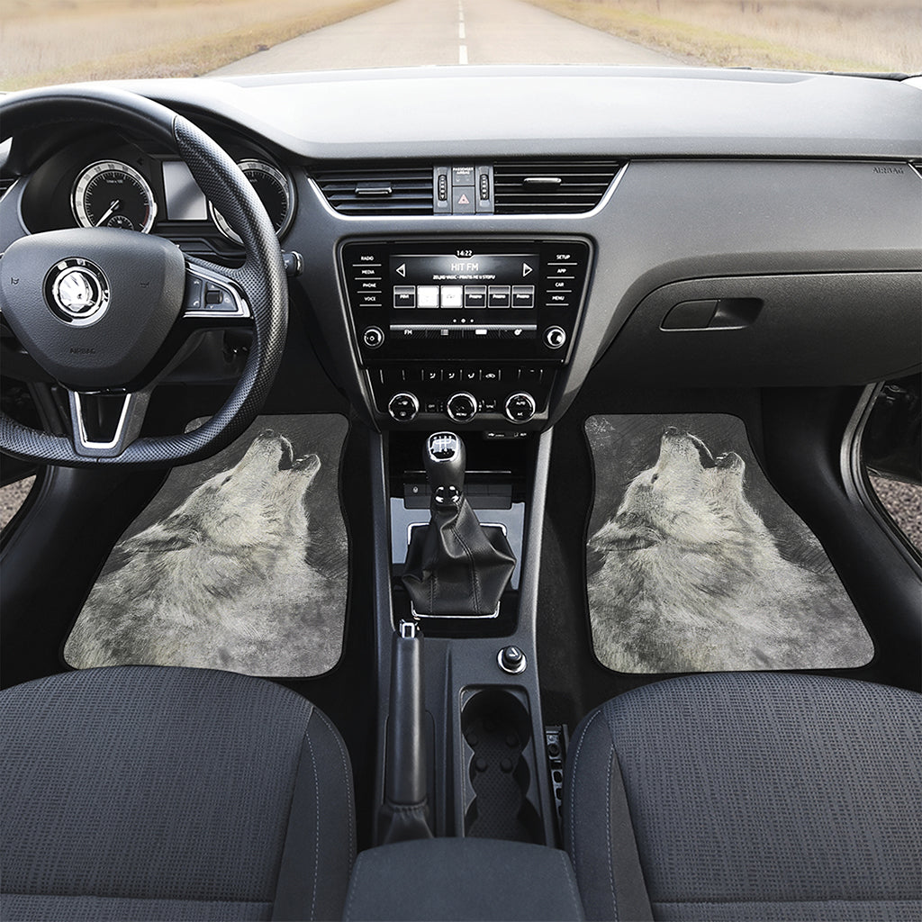 Monochrome Howling Wolf Print Front and Back Car Floor Mats