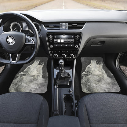 Monochrome Howling Wolf Print Front and Back Car Floor Mats