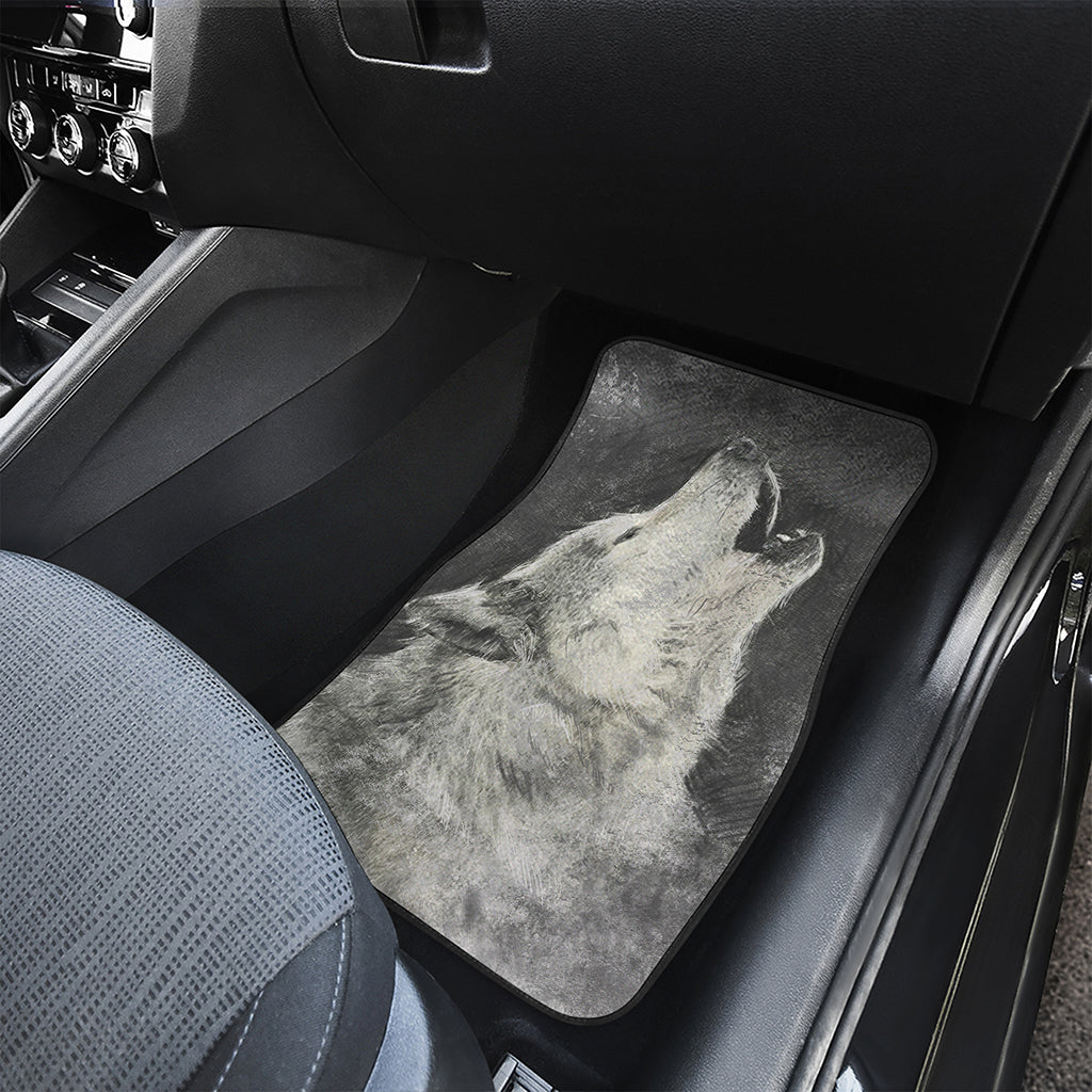 Monochrome Howling Wolf Print Front and Back Car Floor Mats
