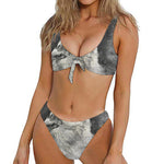 Monochrome Howling Wolf Print Front Bow Tie Bikini