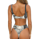 Monochrome Howling Wolf Print Front Bow Tie Bikini