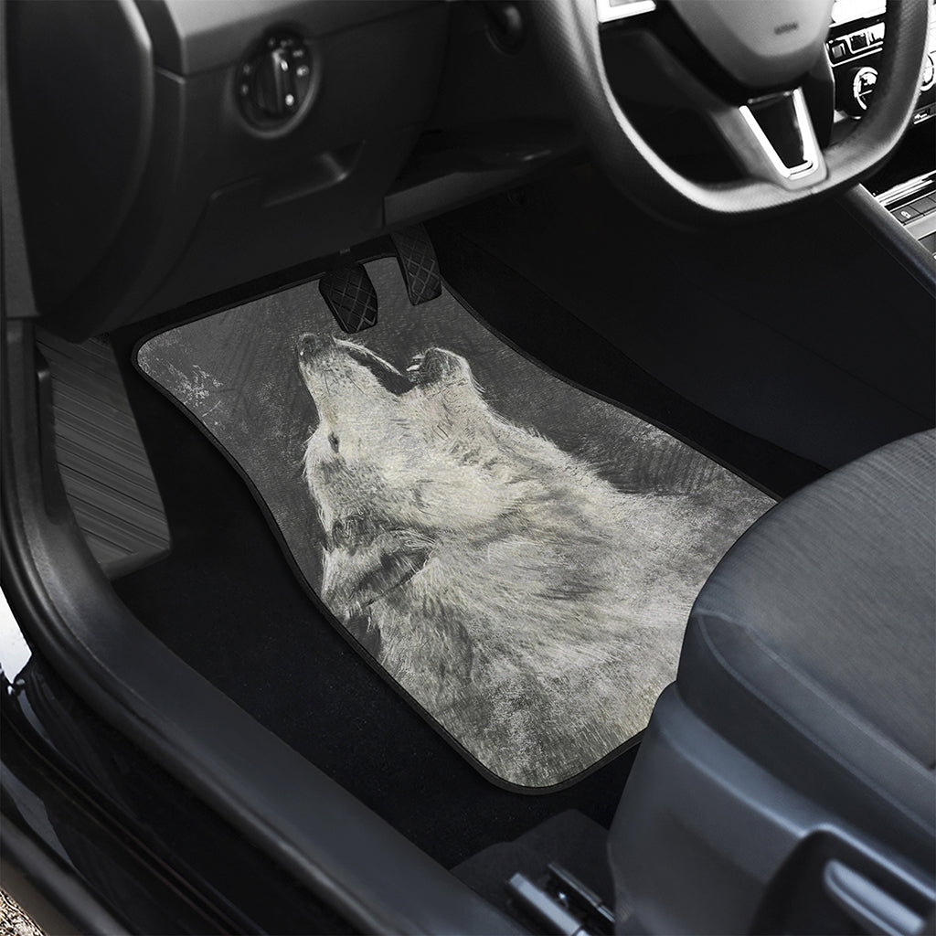 Monochrome Howling Wolf Print Front Car Floor Mats