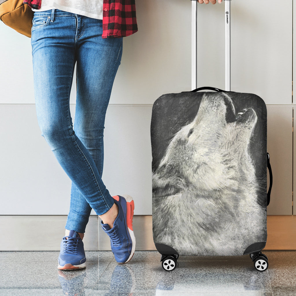 Monochrome Howling Wolf Print Luggage Cover