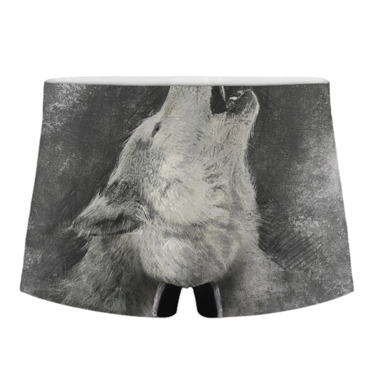 Monochrome Howling Wolf Print Men's Boxer Briefs