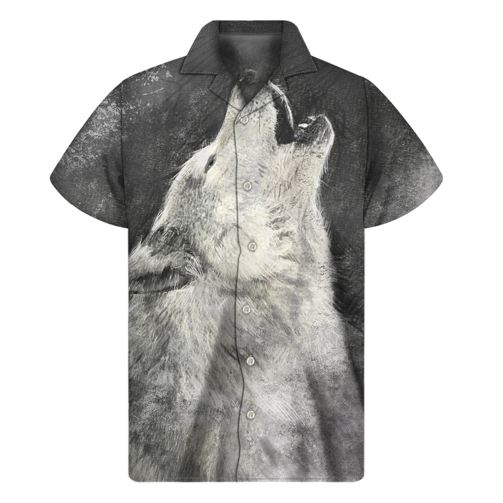 Monochrome Howling Wolf Print Men's Short Sleeve Shirt