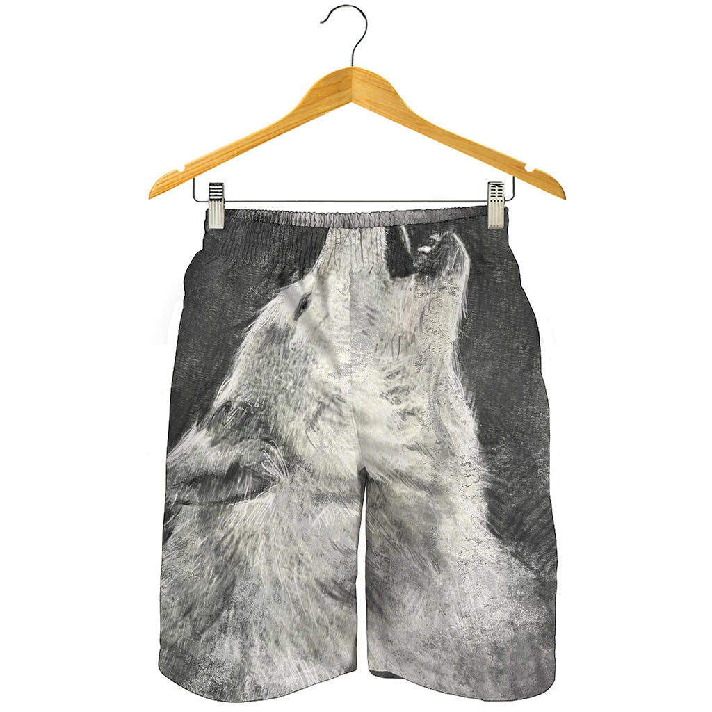 Monochrome Howling Wolf Print Men's Shorts
