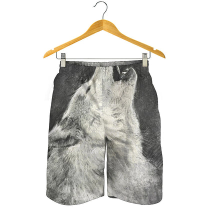 Monochrome Howling Wolf Print Men's Shorts