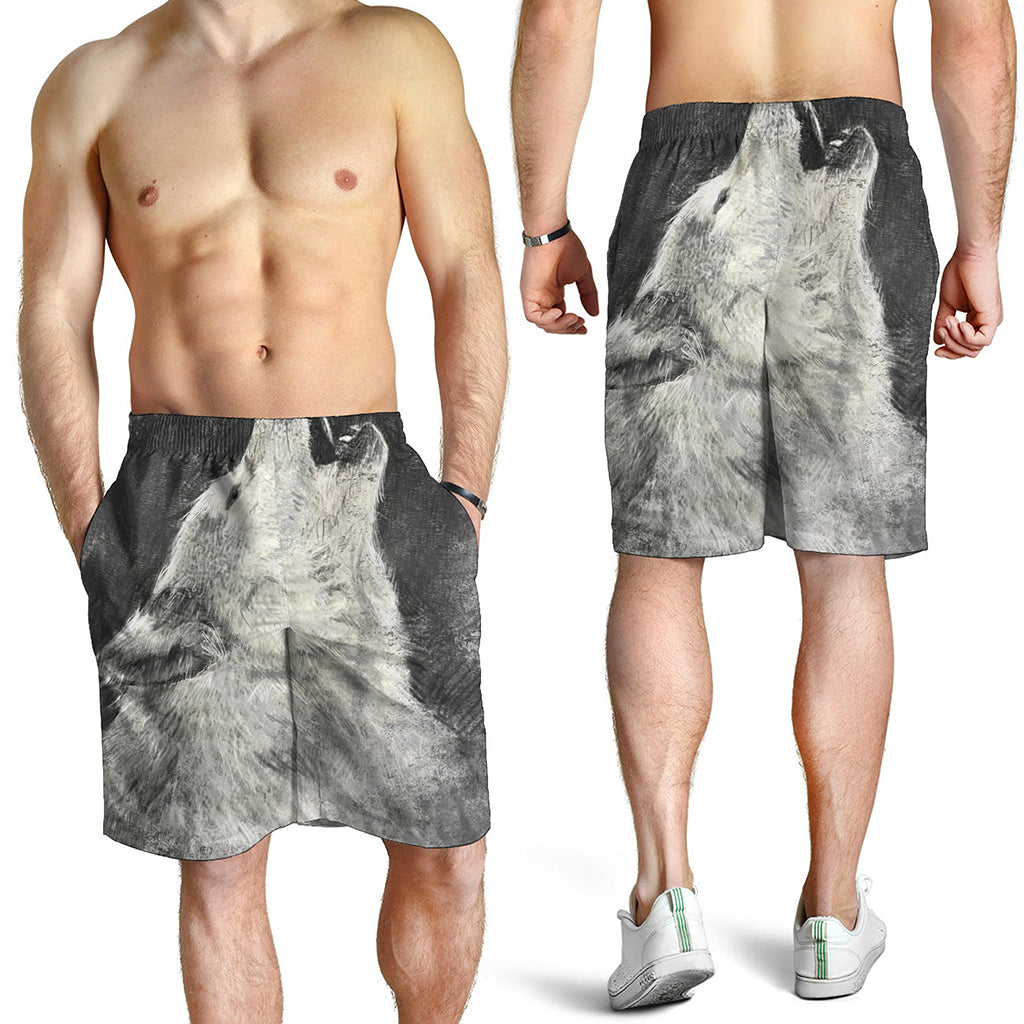 Monochrome Howling Wolf Print Men's Shorts