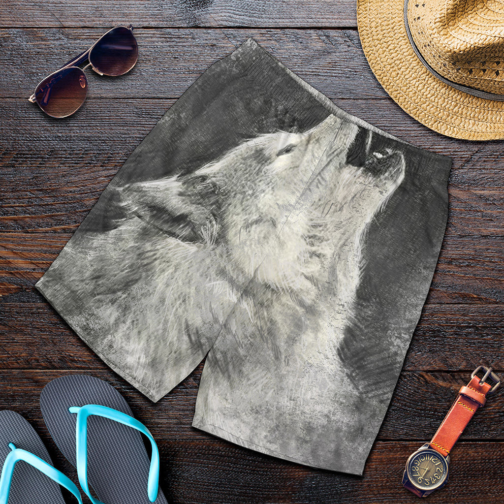 Monochrome Howling Wolf Print Men's Shorts