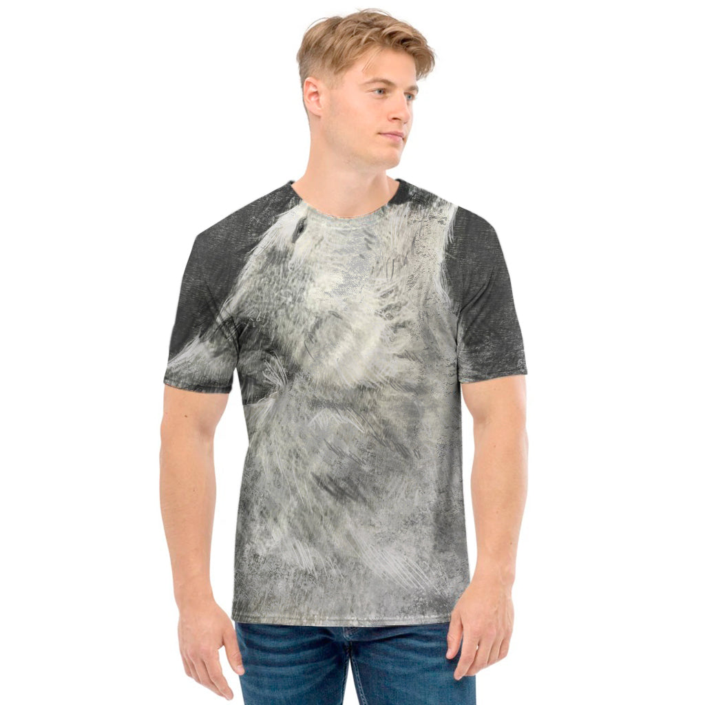 Monochrome Howling Wolf Print Men's T-Shirt