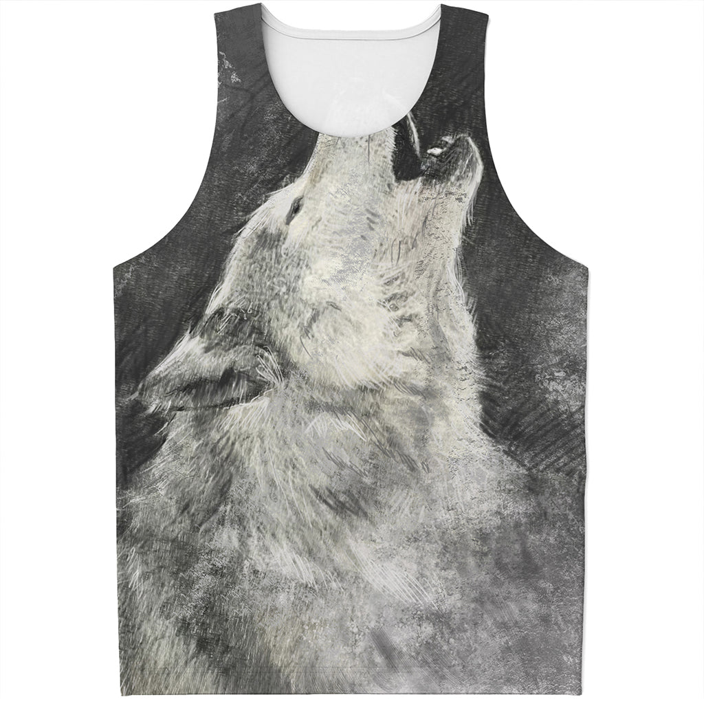 Monochrome Howling Wolf Print Men's Tank Top