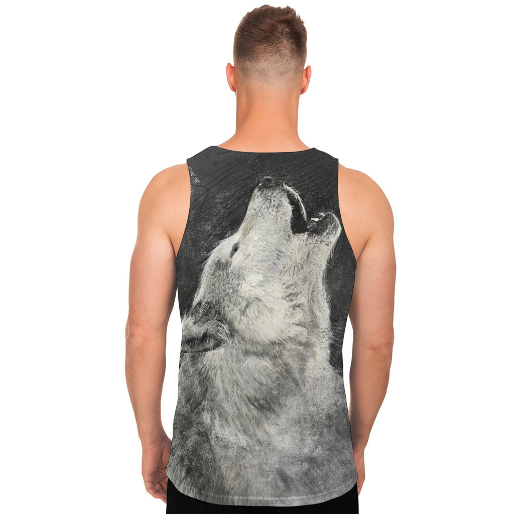 Monochrome Howling Wolf Print Men's Tank Top