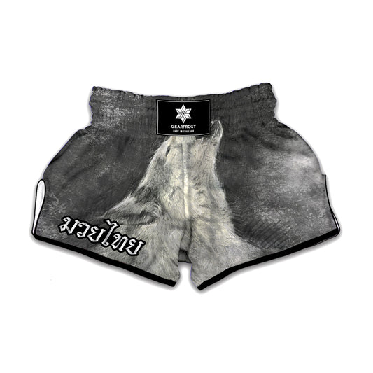Monochrome Howling Wolf Print Muay Thai Boxing Shorts