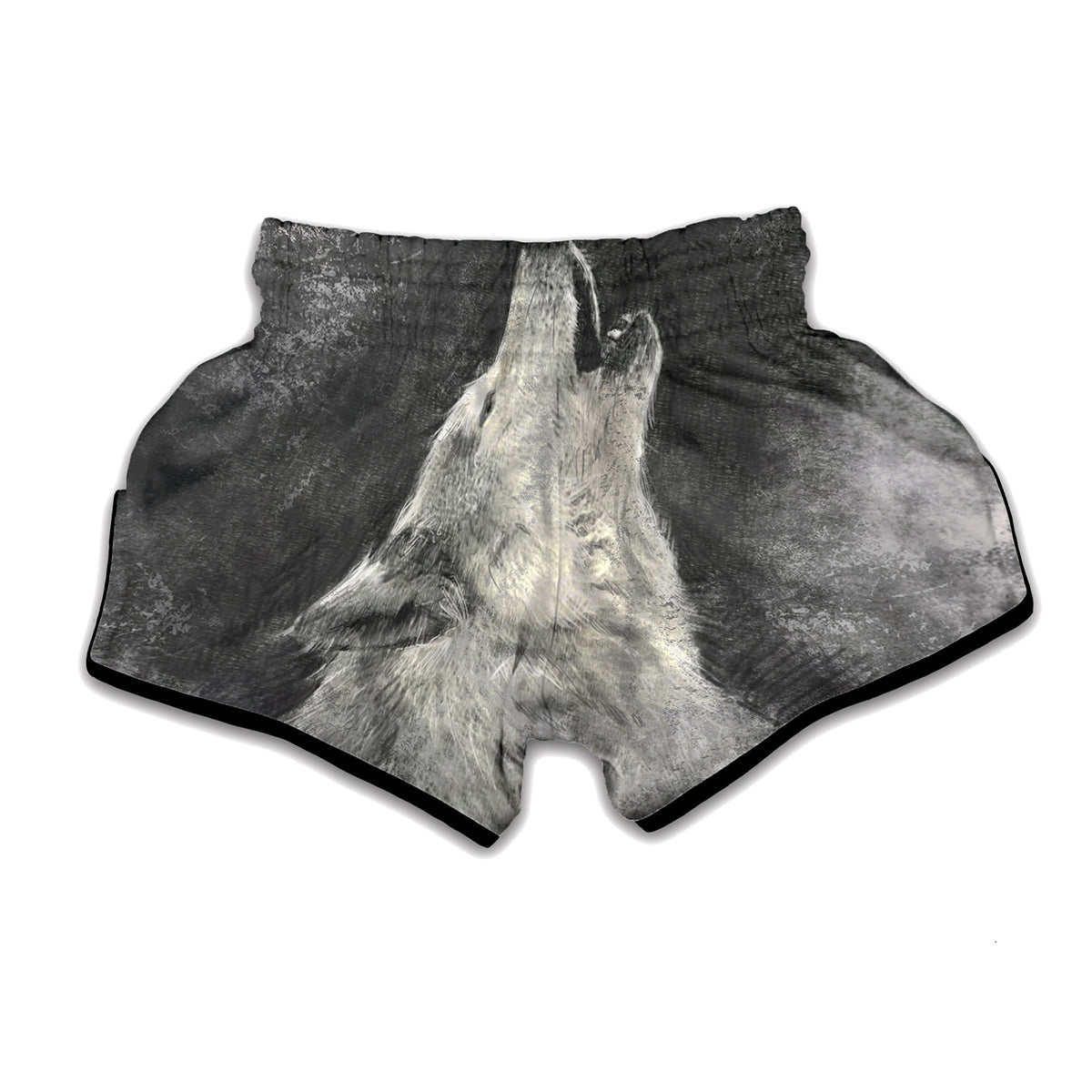Monochrome Howling Wolf Print Muay Thai Boxing Shorts