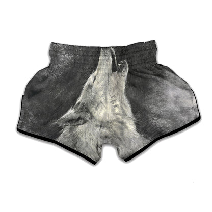 Monochrome Howling Wolf Print Muay Thai Boxing Shorts