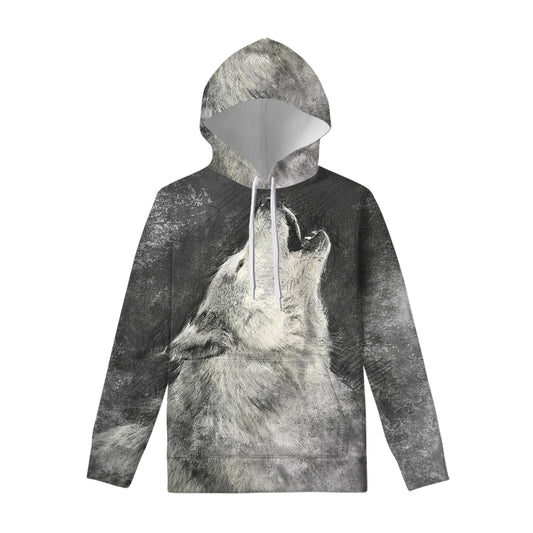 Monochrome Howling Wolf Print Pullover Hoodie