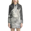 Monochrome Howling Wolf Print Pullover Hoodie Dress