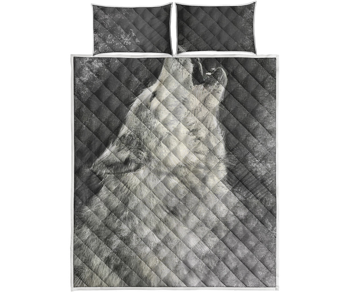 Monochrome Howling Wolf Print Quilt Bed Set