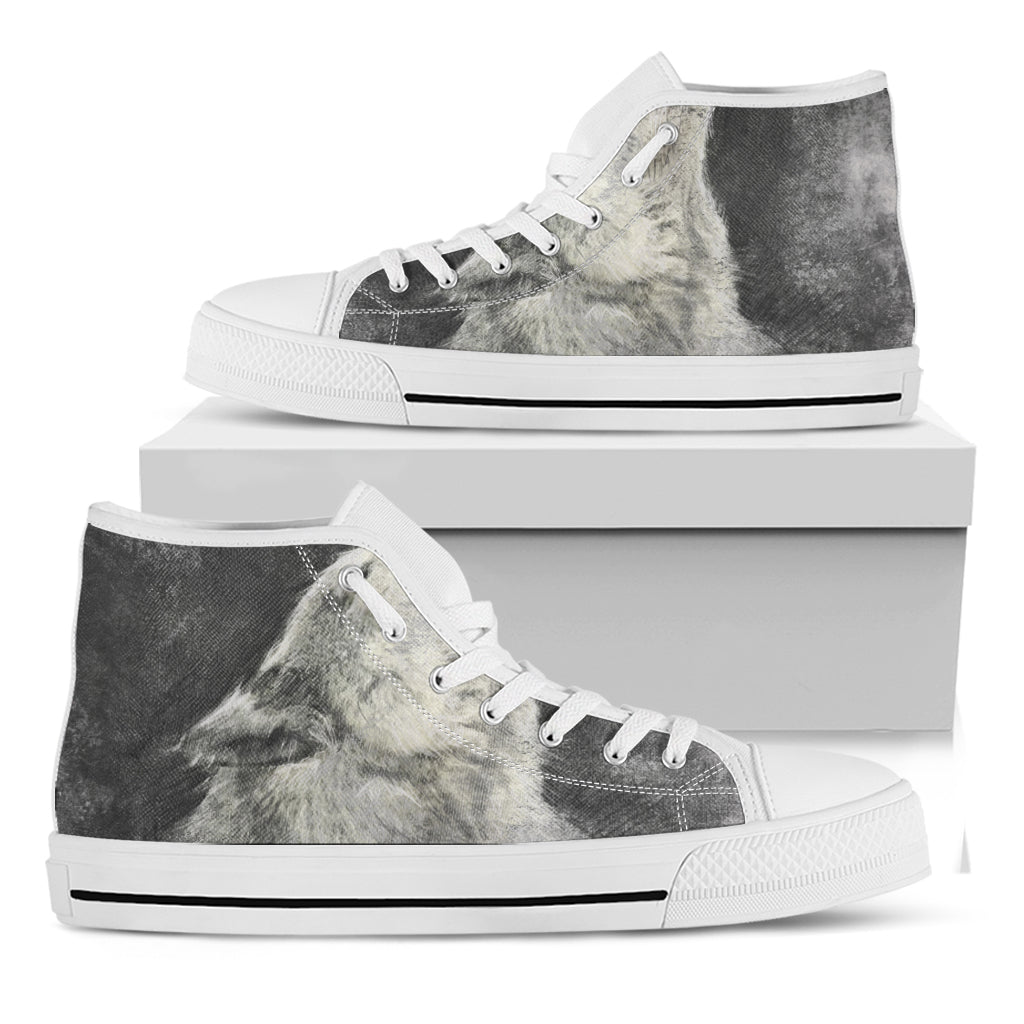 Monochrome Howling Wolf Print White High Top Shoes