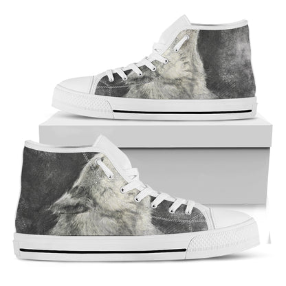 Monochrome Howling Wolf Print White High Top Shoes