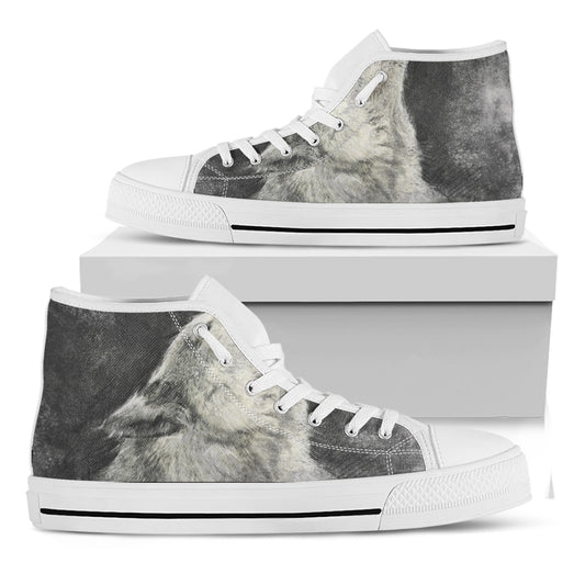 Monochrome Howling Wolf Print White High Top Shoes