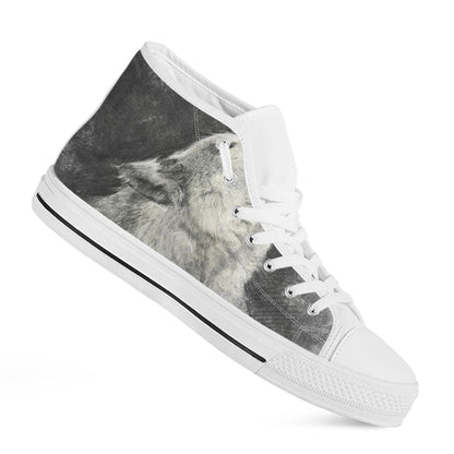 Monochrome Howling Wolf Print White High Top Shoes