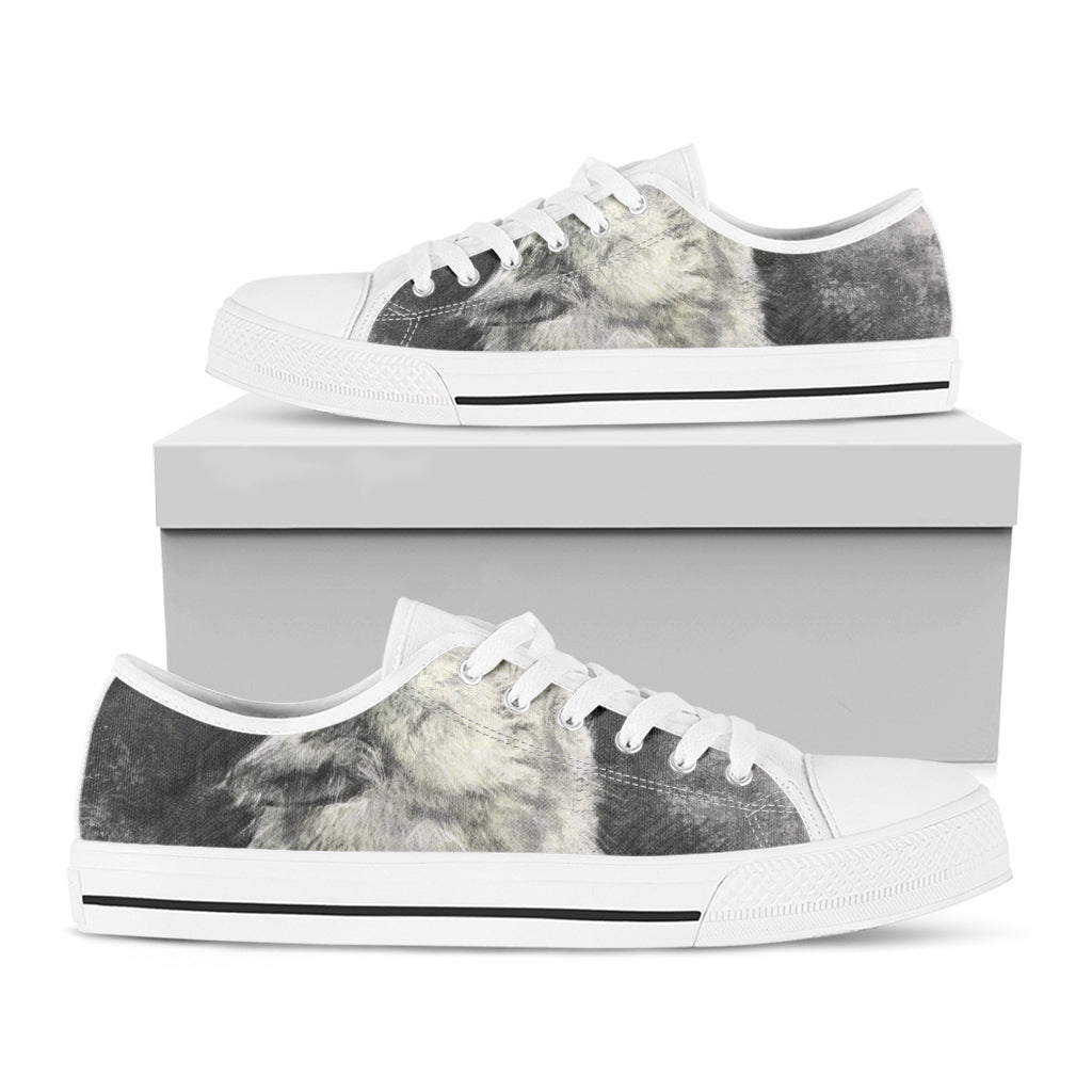 Monochrome Howling Wolf Print White Low Top Shoes