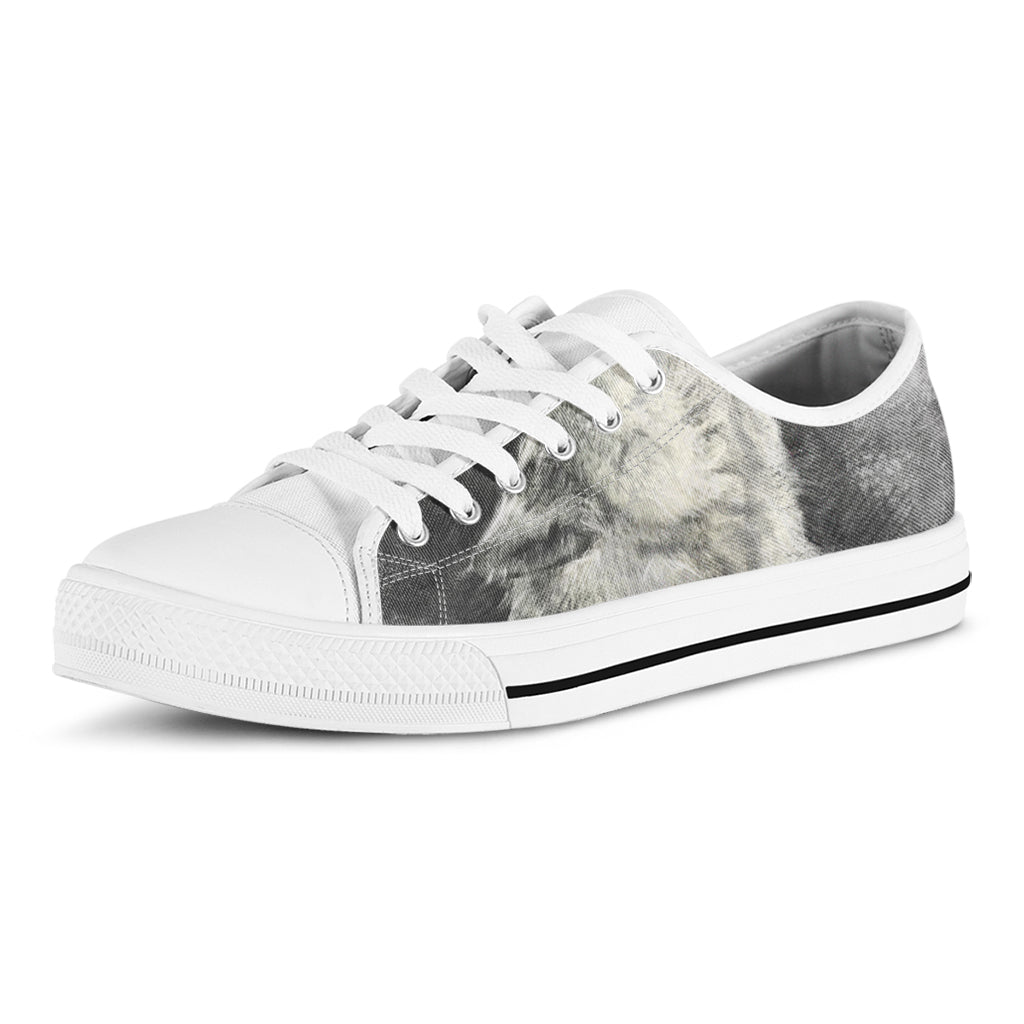 Monochrome Howling Wolf Print White Low Top Shoes