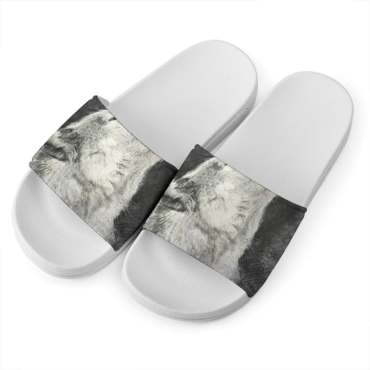 Monochrome Howling Wolf Print White Slide Sandals