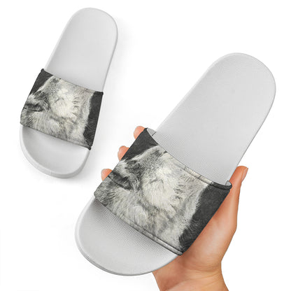 Monochrome Howling Wolf Print White Slide Sandals