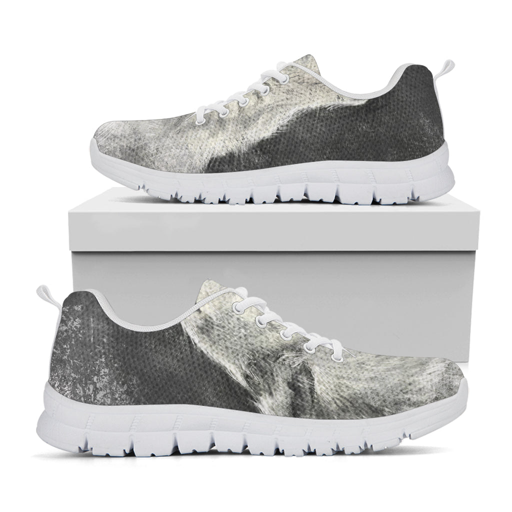 Monochrome Howling Wolf Print White Sneakers