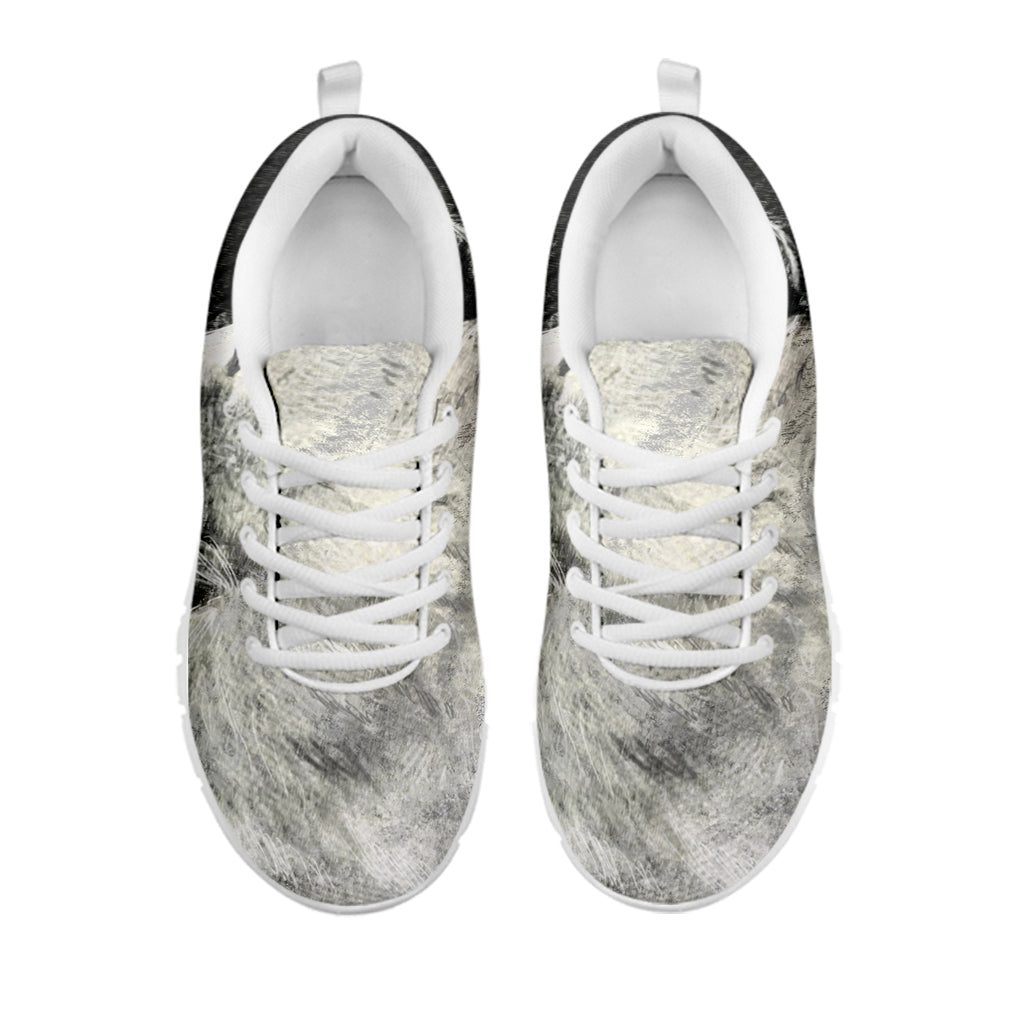 Monochrome Howling Wolf Print White Sneakers