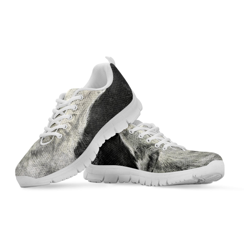 Monochrome Howling Wolf Print White Sneakers