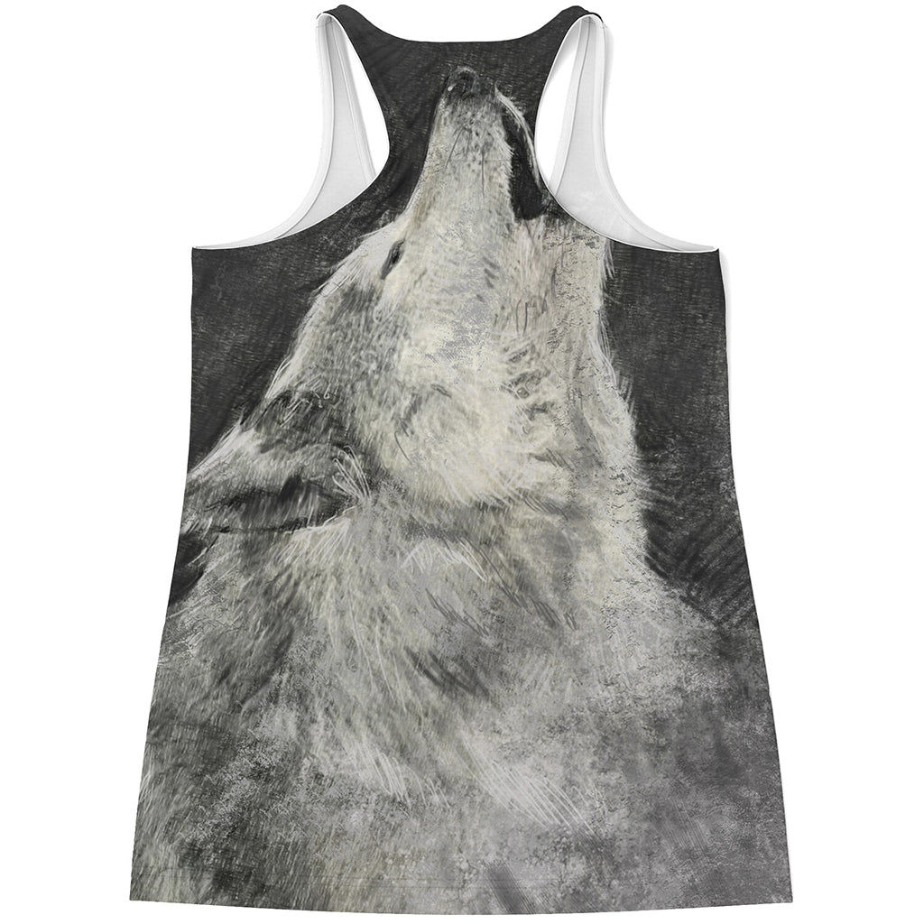 Monochrome Howling Wolf Print Women's Racerback Tank Top