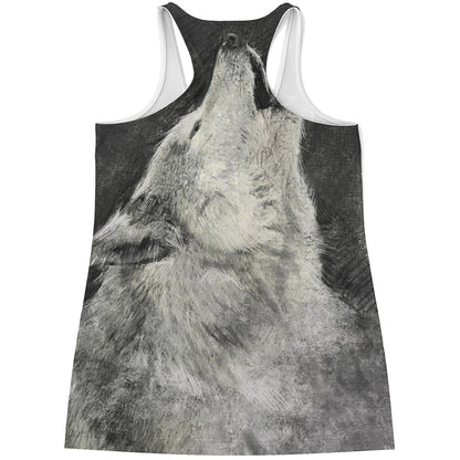 Monochrome Howling Wolf Print Women's Racerback Tank Top