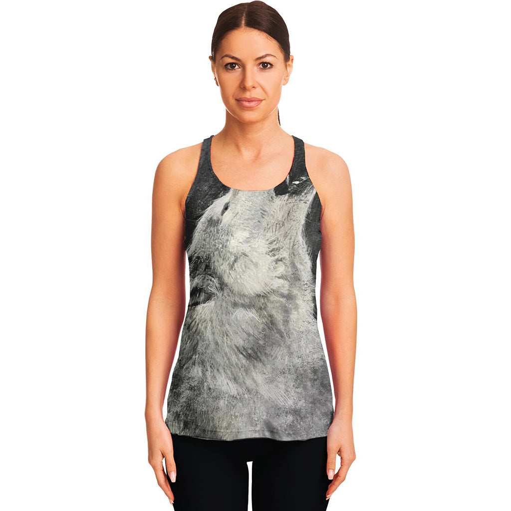 Monochrome Howling Wolf Print Women's Racerback Tank Top