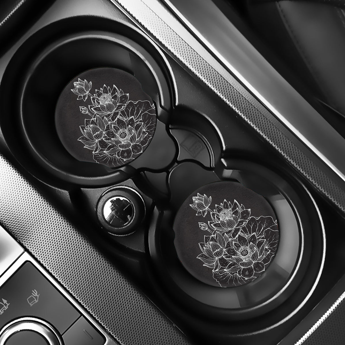 Monochrome Lotus Print Car Coasters