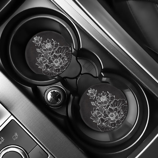 Monochrome Lotus Print Car Coasters