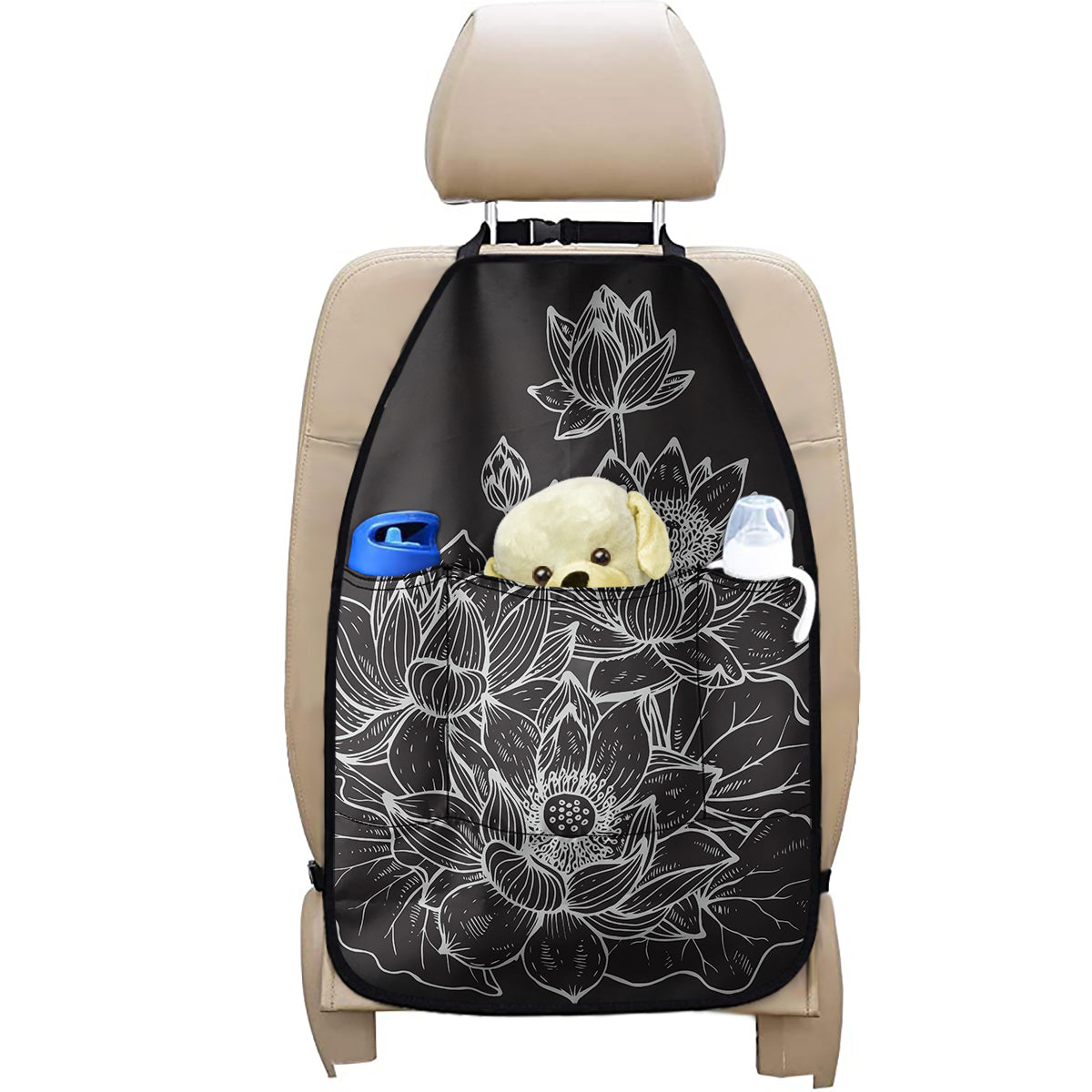 Monochrome Lotus Print Car Seat Organizers