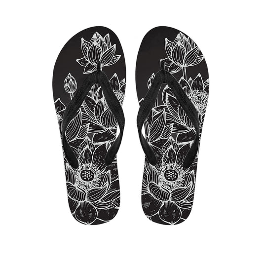 Monochrome Lotus Print Flip Flops