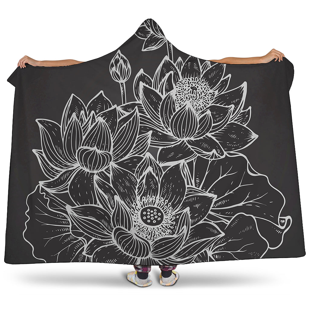Monochrome Lotus Print Hooded Blanket
