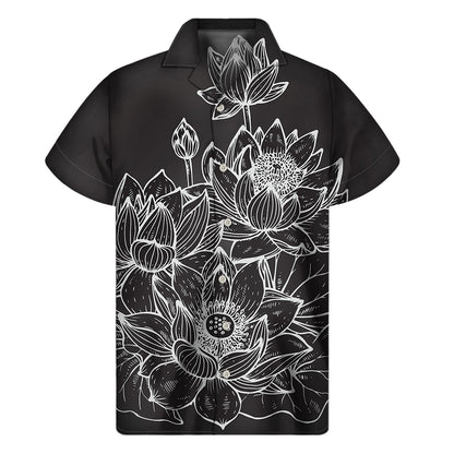Monochrome Lotus Print Men's Short Sleeve Shirt