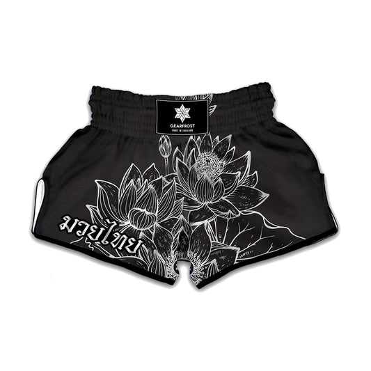 Monochrome Lotus Print Muay Thai Boxing Shorts