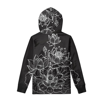 Monochrome Lotus Print Pullover Hoodie
