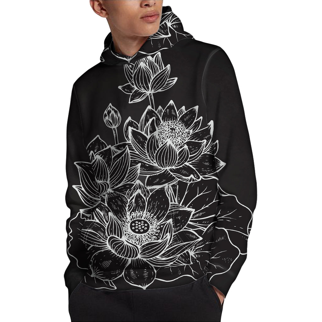 Monochrome Lotus Print Pullover Hoodie