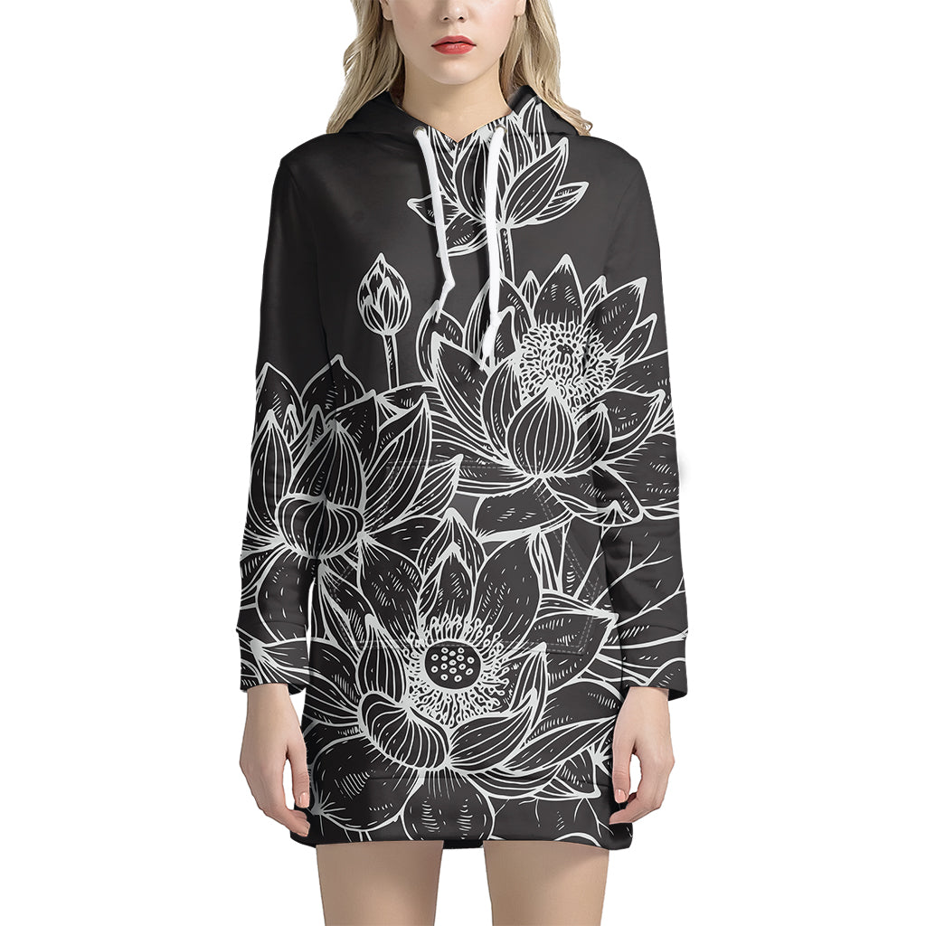 Monochrome Lotus Print Pullover Hoodie Dress