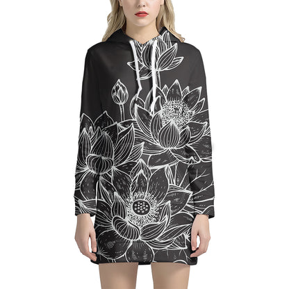 Monochrome Lotus Print Pullover Hoodie Dress