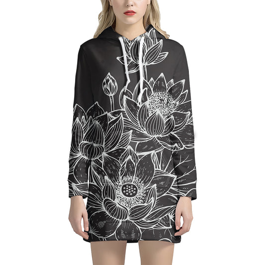 Monochrome Lotus Print Pullover Hoodie Dress