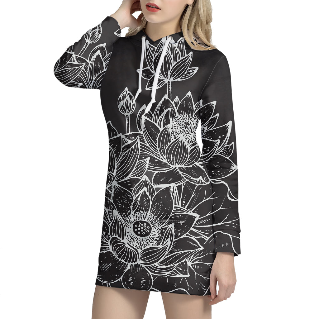 Monochrome Lotus Print Pullover Hoodie Dress