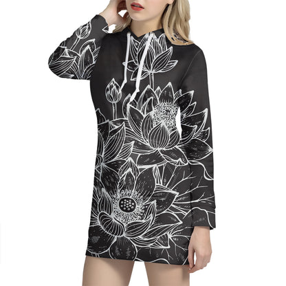 Monochrome Lotus Print Pullover Hoodie Dress